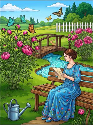 Finished example of the Color by Number page: Peony