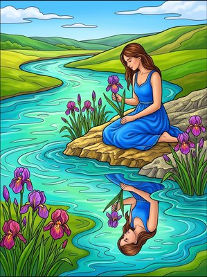 Finished example of the Color by Number page: Blue Iris