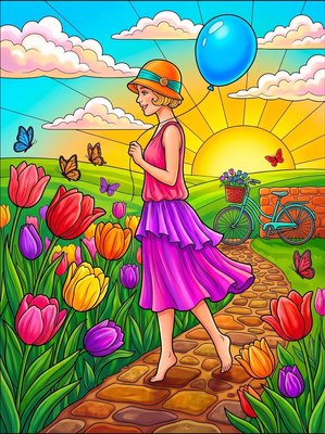 Finished example of the Color by Number page: Tiptoe Through the Tulips