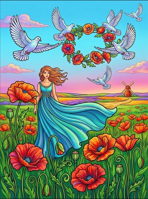 Finished example of the Color by Number page: Poppies