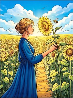 Finished example of the Color by Number page: Sunflower