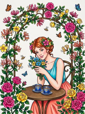 Finished example of the Color by Number page: Honeysuckle Rose