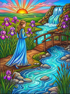 Finished example of the Color by Number page: Blue Iris