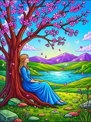 Finished example of the Color by Number page: Cherry Blossom