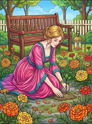Finished example of the Color by Number page: Marigolds