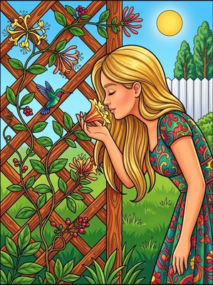 Finished example of the Color by Number page: Honeysuckle