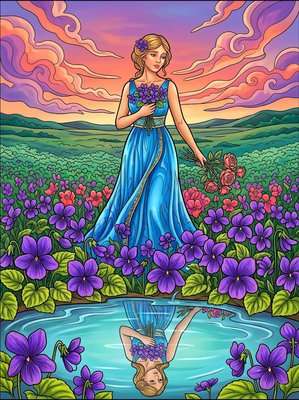 Finished example of the Color by Number page: Violets for Roses