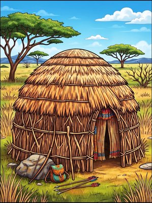 Finished example of the Color by Number page: Hadza Hut