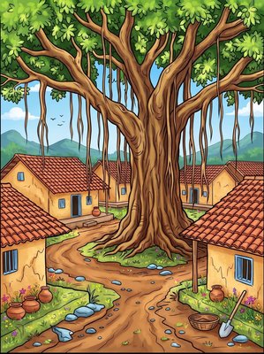 Finished example of the Color by Number page: Banyan Village