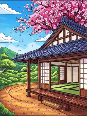 Finished example of the Color by Number page: Sakura House