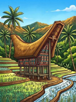 Finished example of the Color by Number page: Toraja Tongkonan