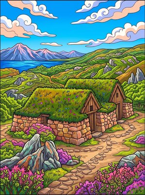Finished example of the Color by Number page: Turf Houses