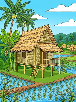 Finished example of the Color by Number page: Bahay Kubo