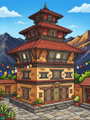 Finished example of the Color by Number page: Newari Brick Houses