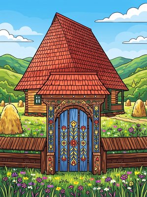 Finished example of the Color by Number page: Wooden Folk Houses