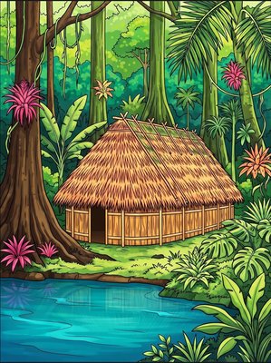 Finished example of the Color by Number page: Amazon Longhouses