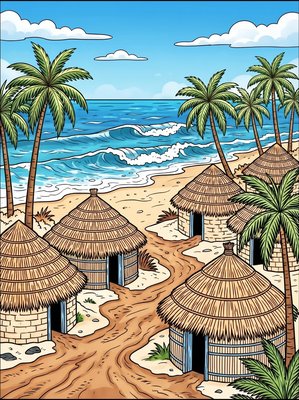 Finished example of the Color by Number page: Coastal Huts