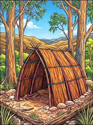 Finished example of the Color by Number page: Bark Shelters