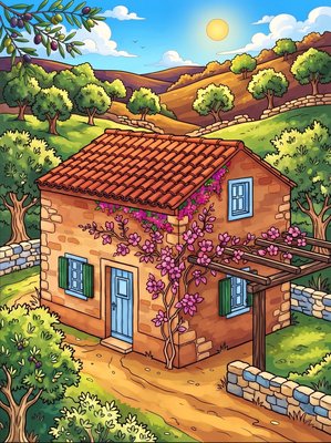 Finished example of the Color by Number page: Whitewashed Houses
