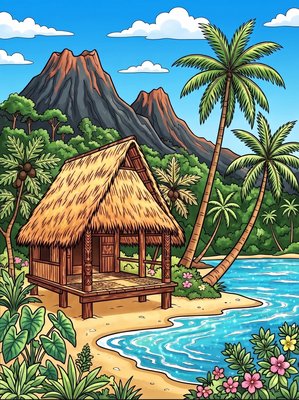 Finished example of the Color by Number page: Polynesian Fare Houses