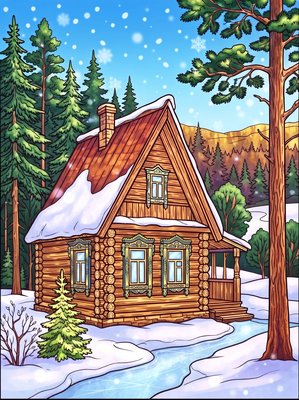 Finished example of the Color by Number page: Siberian Log Houses