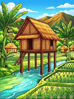 Finished example of the Color by Number page: Stilt Houses