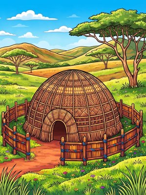 Finished example of the Color by Number page: Beehive Huts