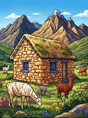 Finished example of the Color by Number page: Andean Stone Houses