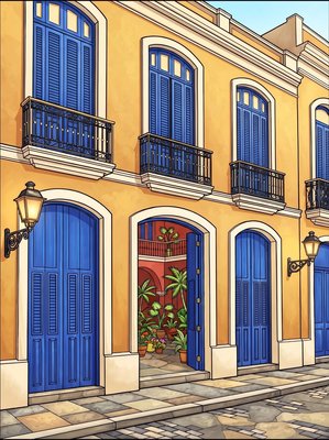 Finished example of the Color by Number page: Colonial Courtyard Homes