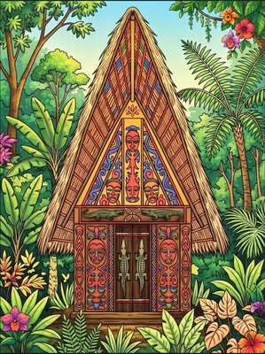 Finished example of the Color by Number page: Spirit Houses