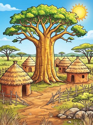 Finished example of the Color by Number page: Baobab Village