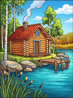 Finished example of the Color by Number page: Log Sauna Cottages
