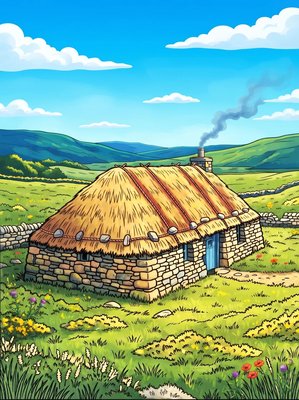Finished example of the Color by Number page: Scottish Croft