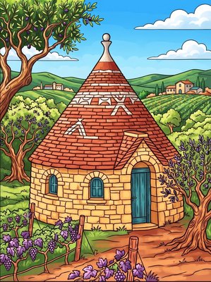 Finished example of the Color by Number page: Trullo Tuscany