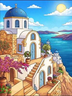 Finished example of the Color by Number page: Cycladic Home