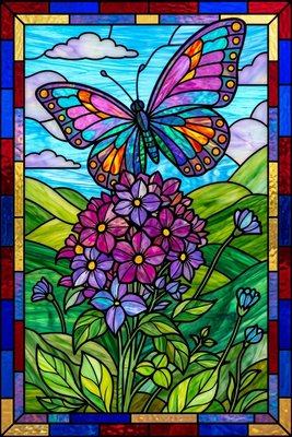 Finished example of the Color by Number page: Butterfly Over Meadow Blossoms