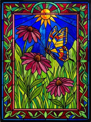 Finished example of the Color by Number page: Butterfly in the Wildflower Garden