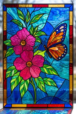 Finished example of the Color by Number page: Butterfly Beside Bright Blossoms