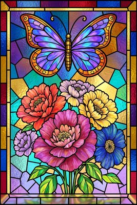 Finished example of the Color by Number page: Butterfly Over a Garden Bouquet