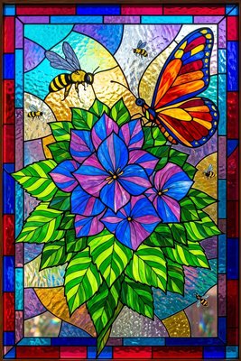 Finished example of the Color by Number page: Butterfly Bees Among Blooms