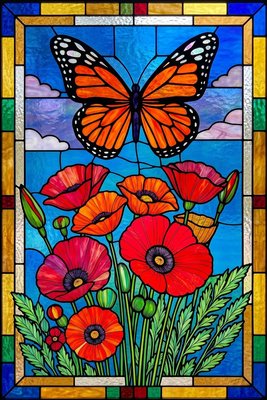 Finished example of the Color by Number page: Monarch Among Red Poppies