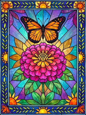 Finished example of the Color by Number page: Butterfly Radiant Flower Mandala