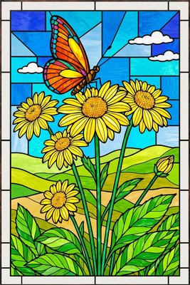 Finished example of the Color by Number page: Butterfly Sunny Daisies