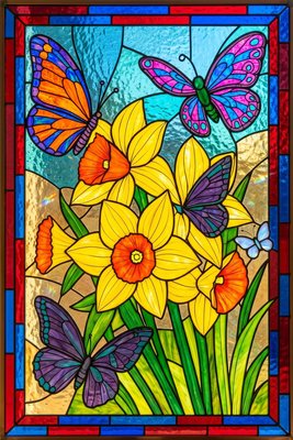 Finished example of the Color by Number page: Butterfly Among Yellow Blooms