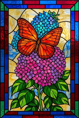 Finished example of the Color by Number page: Monarch Above Purple Blossoms
