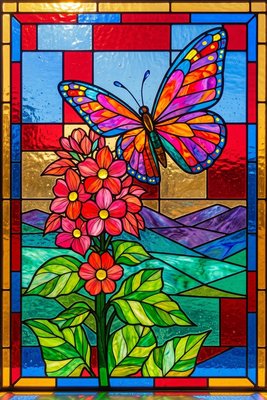 Finished example of the Color by Number page: Butterfly in a Red Rose Garden