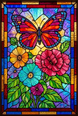 Finished example of the Color by Number page: Butterfly Over a Colorful Bouquet