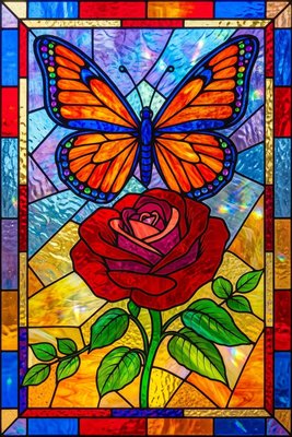 Finished example of the Color by Number page: Blue Butterfly Scarlet Rose