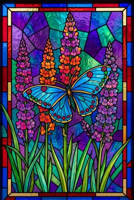 Finished example of the Color by Number page: Butterfly Among Tall Garden Flowers