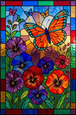 Finished example of the Color by Number page: Butterfly Garden in Bloom